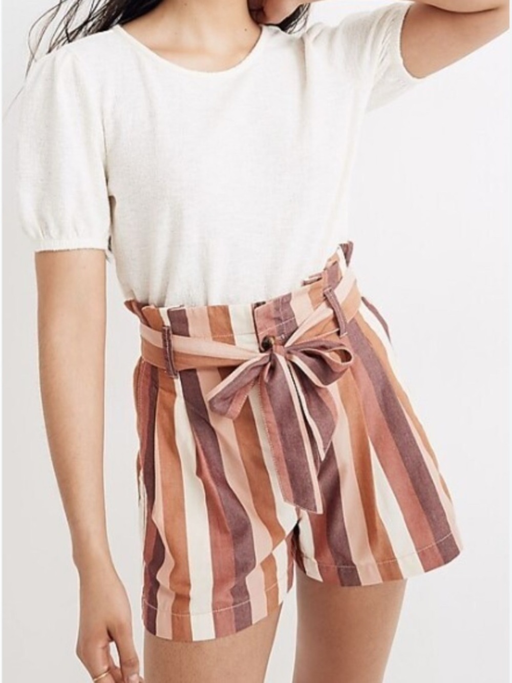 Madewell Multi-Stripe Paperbag Waist Shorts in Rust, Cream & Brown